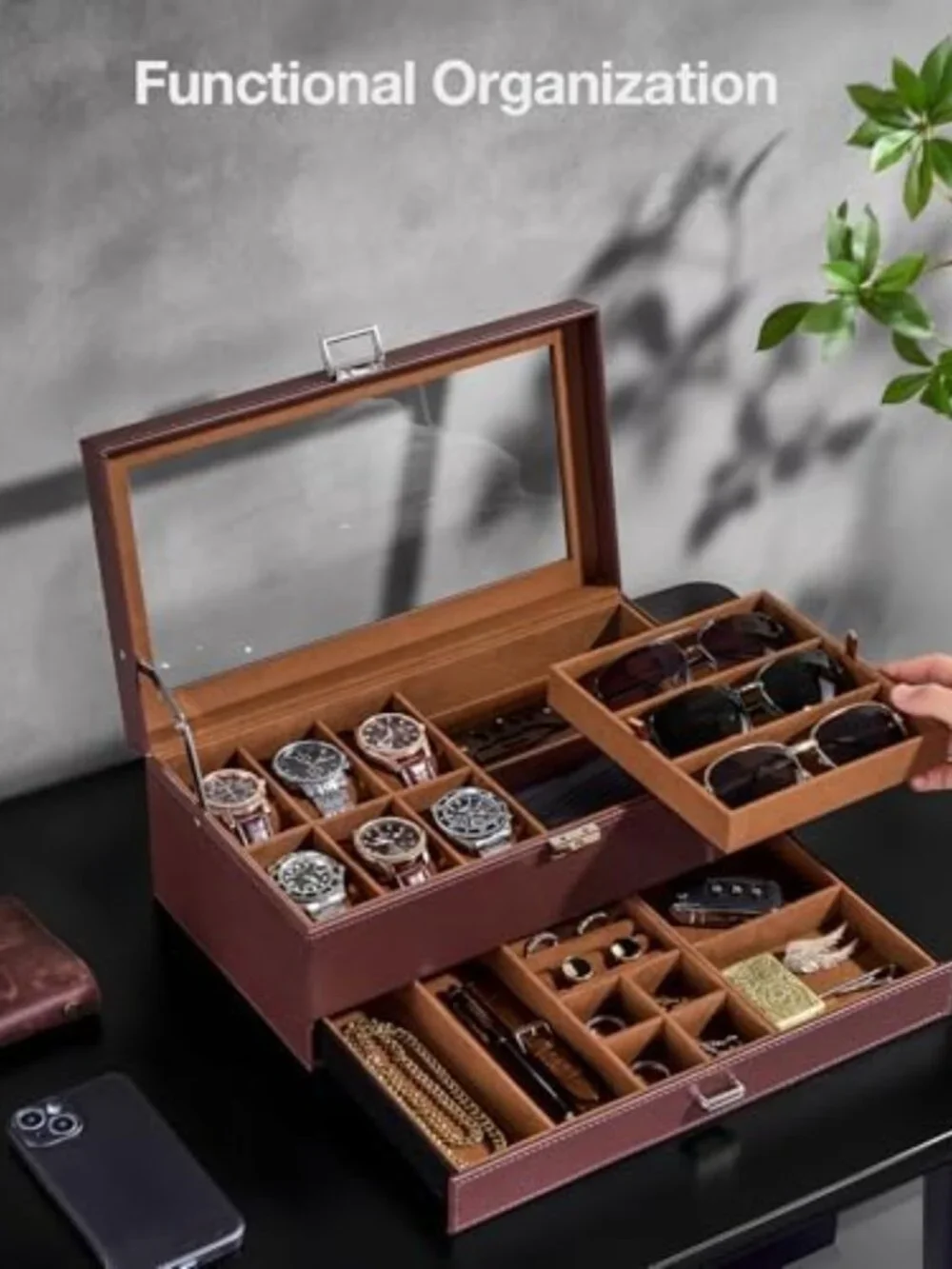 Stylish Men's Jewelry Box - 6 Slot Watch Organizer & 3 Slot Sunglass Holder